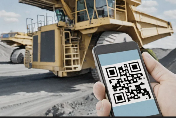 Operator scanning QR code on heavy equipment at mine site