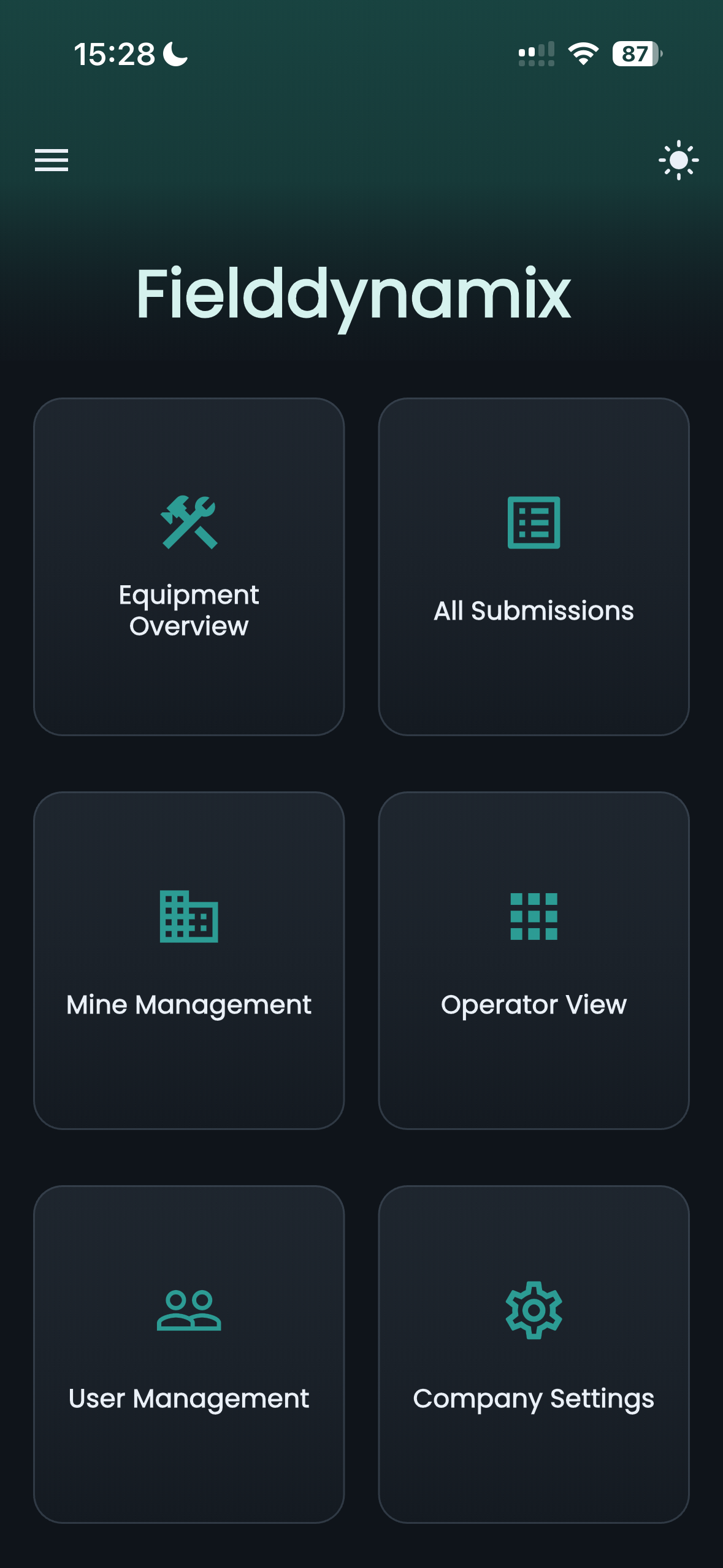 Fielddynamix dashboard — manager home screen with Equipment Overview, All Submissions, Mine Management