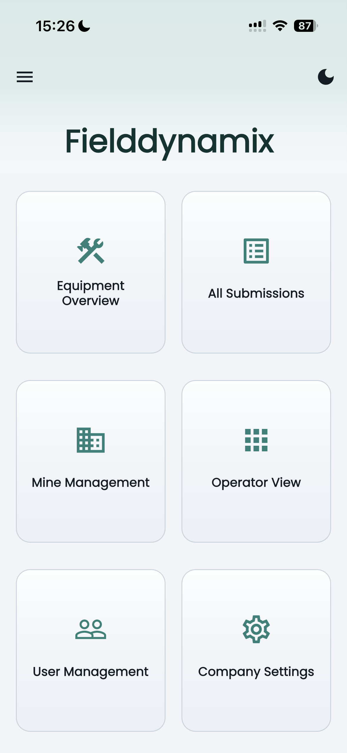 Fielddynamix manager dashboard — Equipment Overview, All Submissions, Mine Management