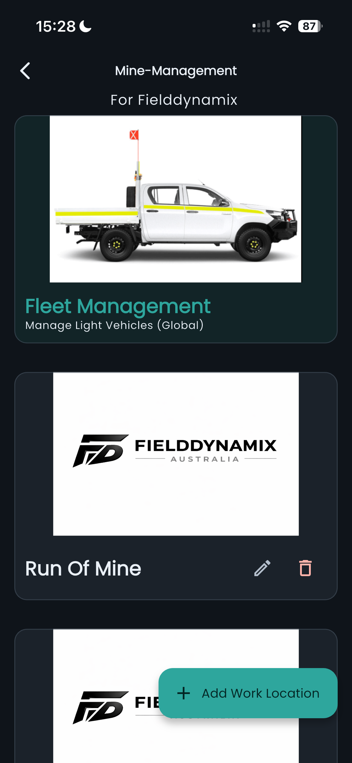 Fleet management screen for structured site setup