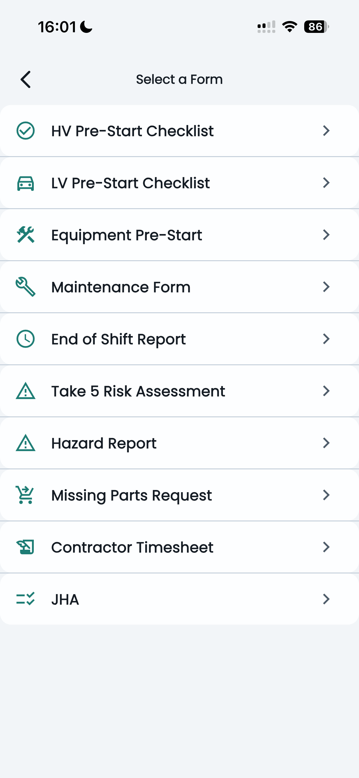 Fielddynamix form selection screen — HV Pre-Start, LV Pre-Start, Take 5, Hazard Report, JHA