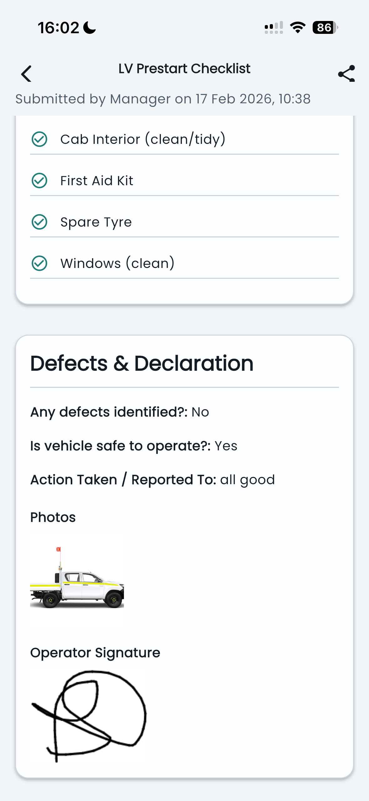 LV Prestart Checklist — defects declaration with vehicle photo and operator signature