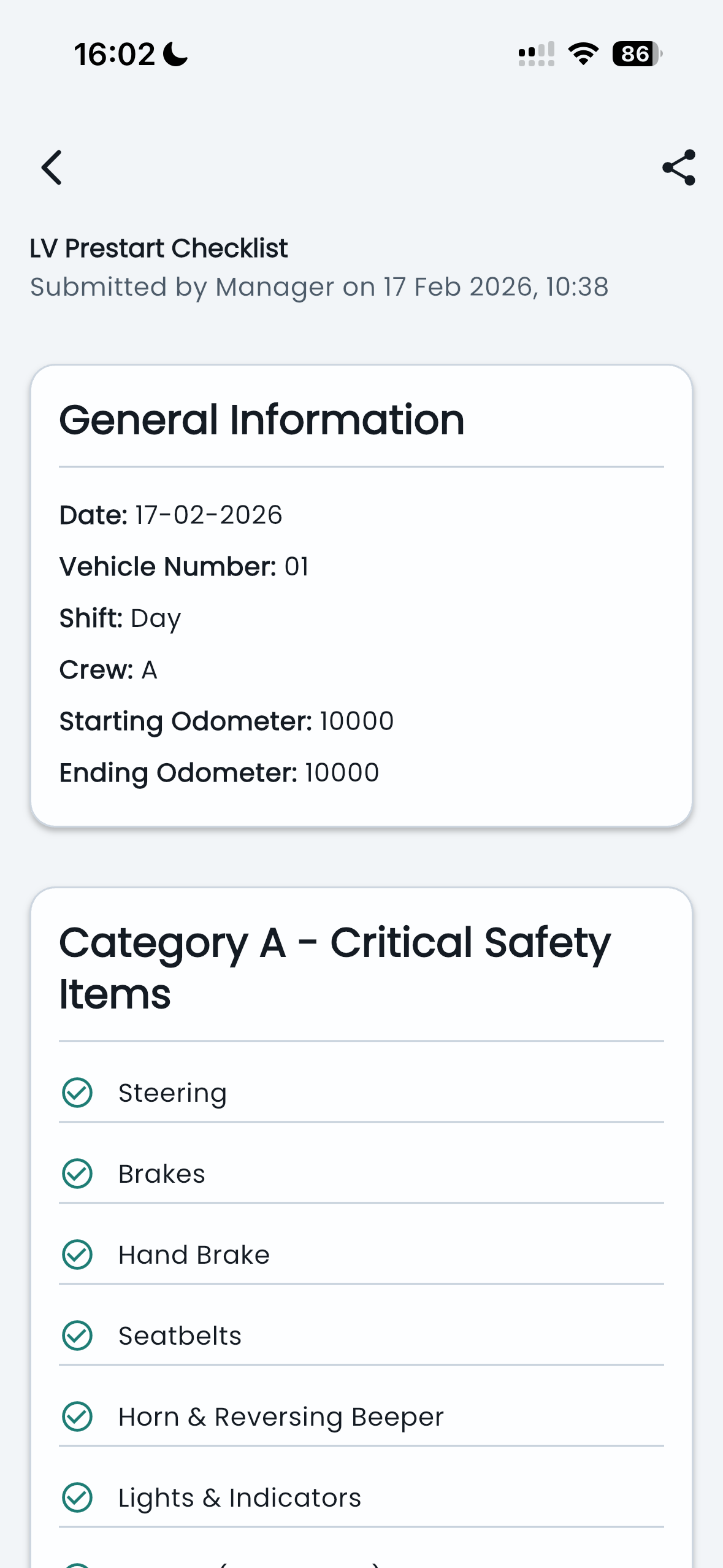 LV Prestart Checklist form — General Information and Category A Critical Safety Items