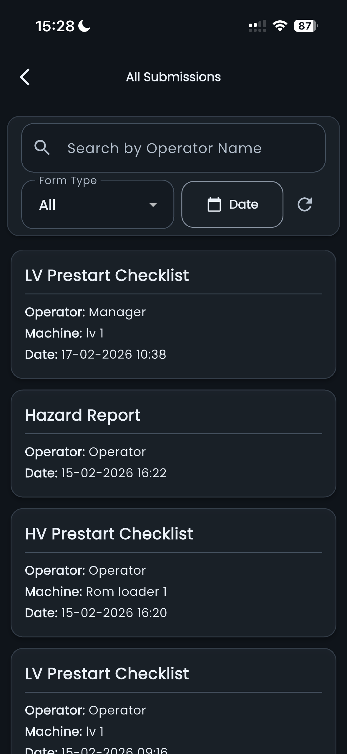 All Submissions list in dark mode — search, filter by form type and date