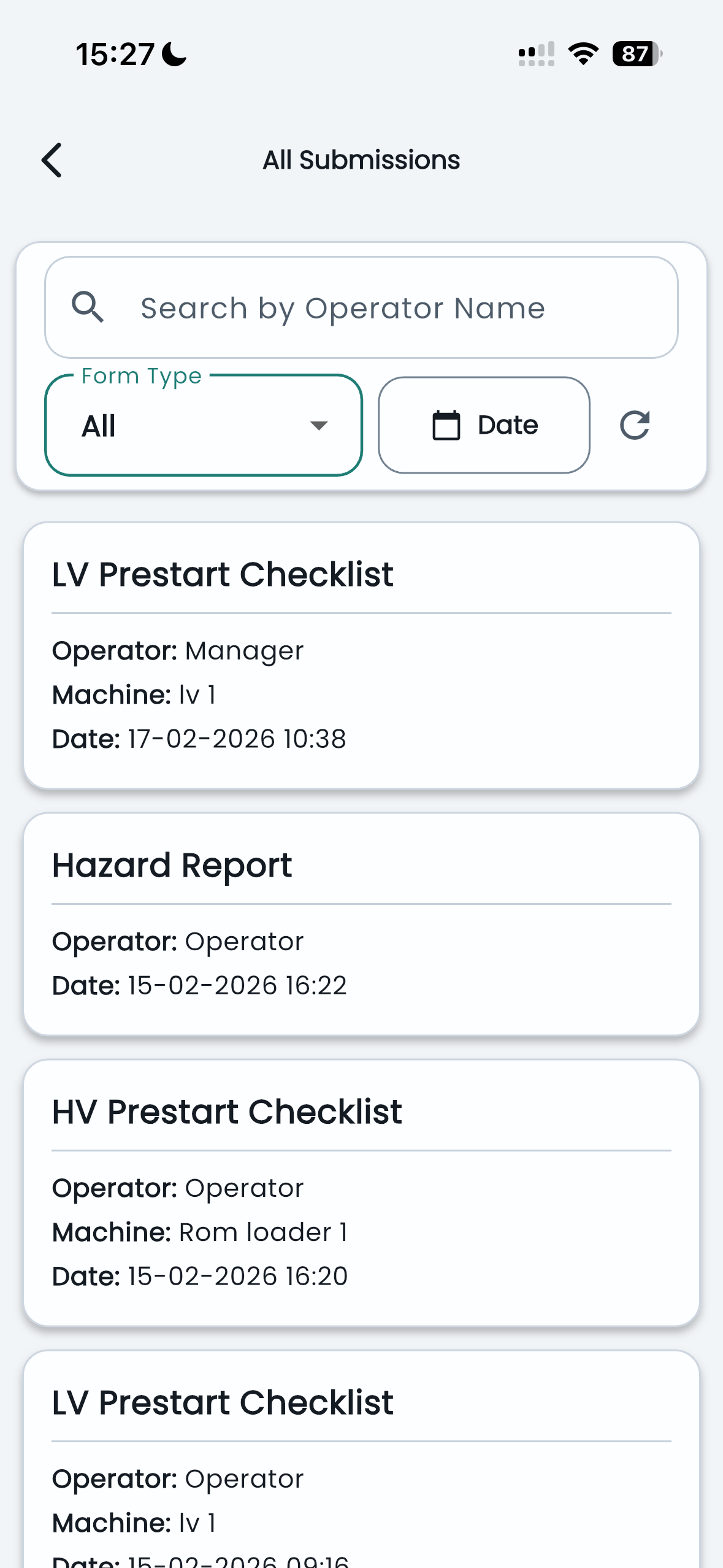 Fielddynamix submissions — searchable list of completed pre-start checklists