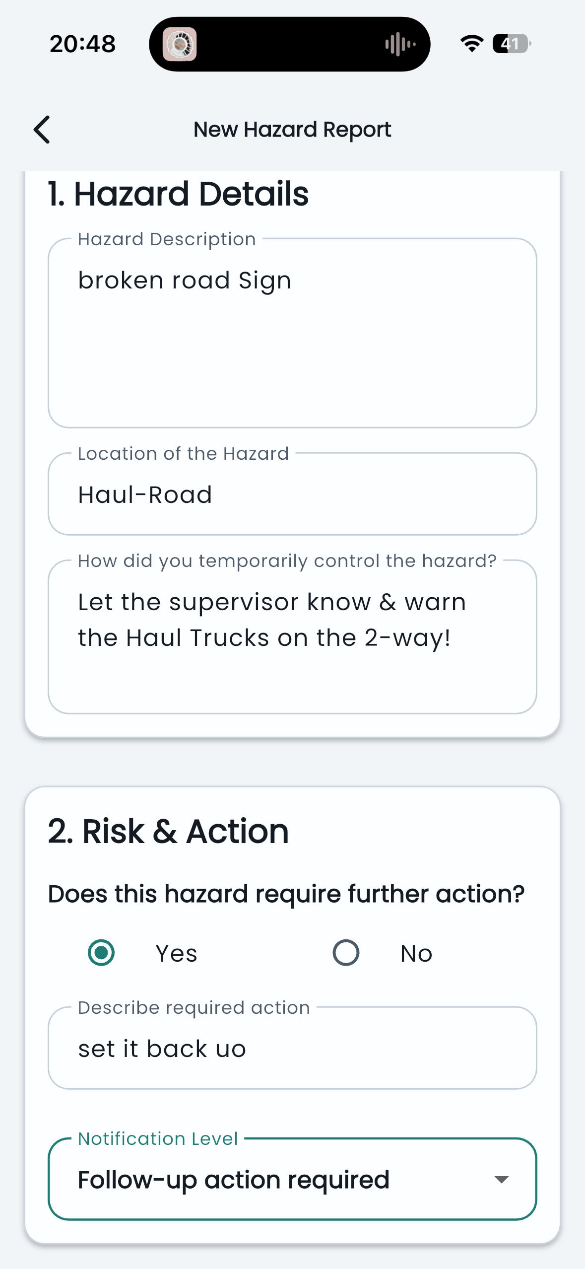 Hazard report form with hazard details, risk and required actions