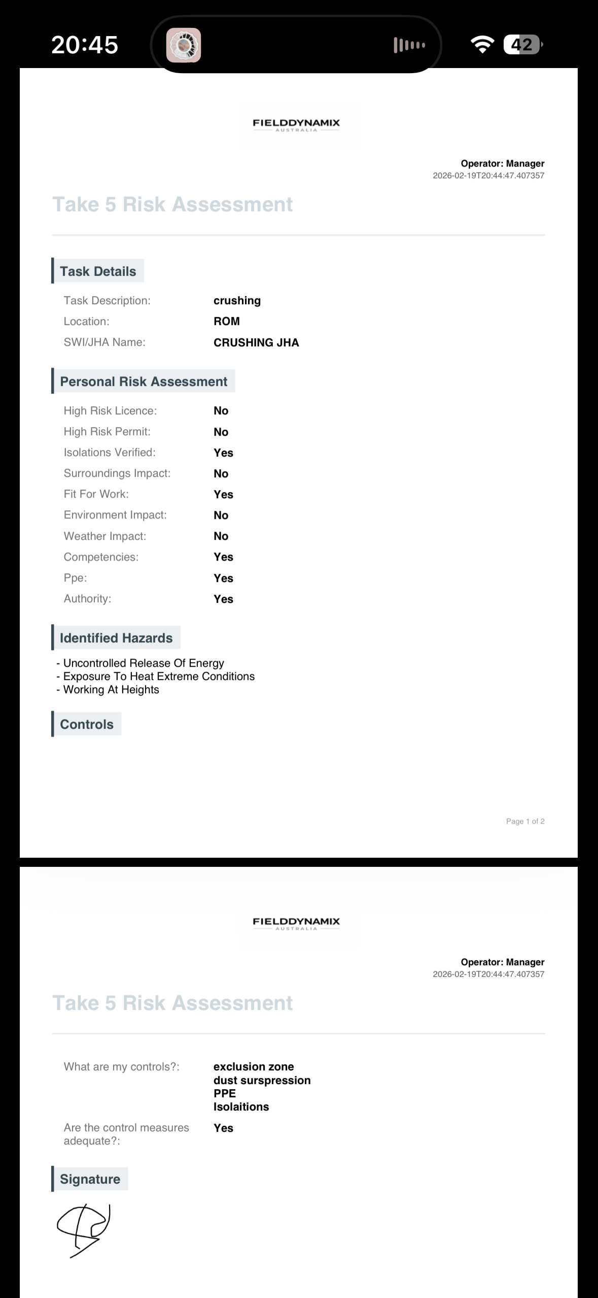 Take 5 risk assessment PDF output for compliance reporting